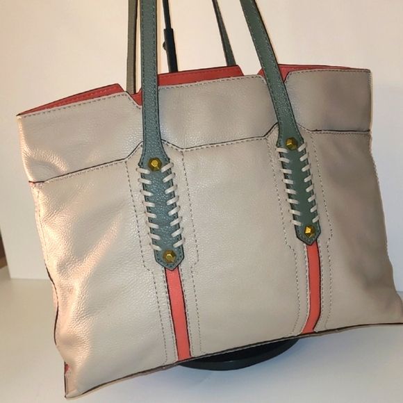 orYANY Handbags - orYANY Cream and Coral Tote Bag with Green Accents Genuine Leather